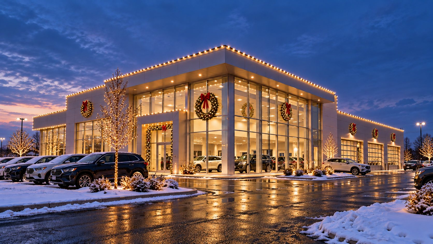 After: car dealership at dusk with warm white lights along the roofline