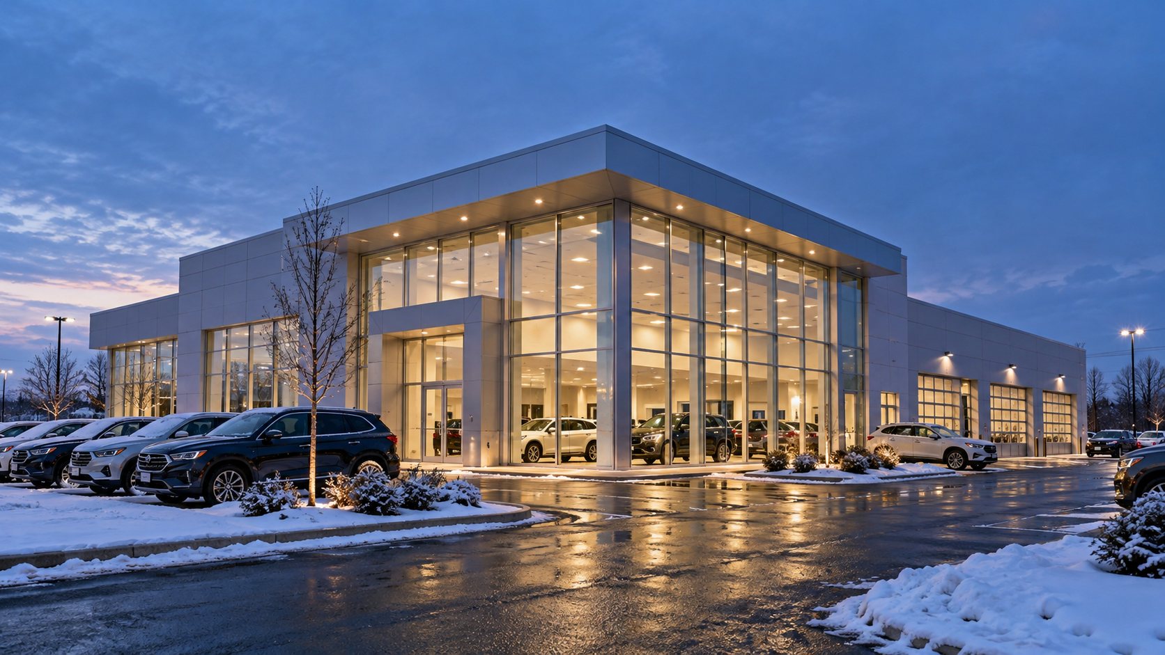 Before: the same dealership with no lights